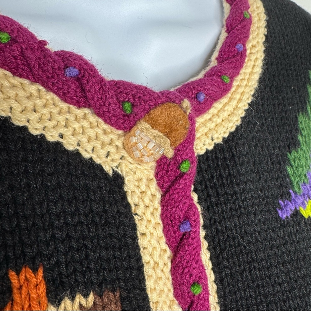 Storybook Knits Black Fall Cardigan with Vibrant Colors and Ornate Details Med - Picture 4 of 10